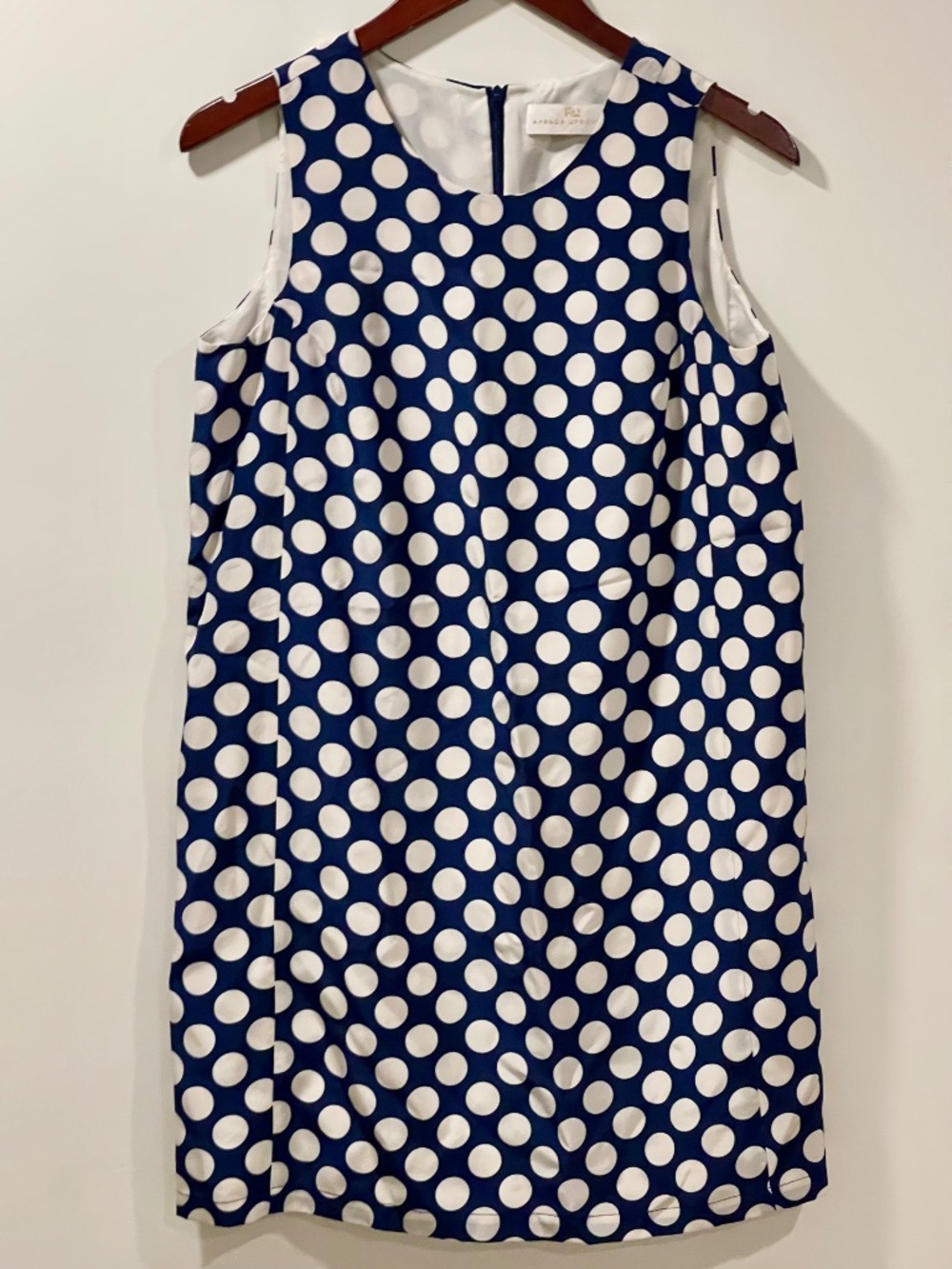 Amanda Uprichard 100% Silk Polka Dot Shift Dress Navy White Sleeveless Size M